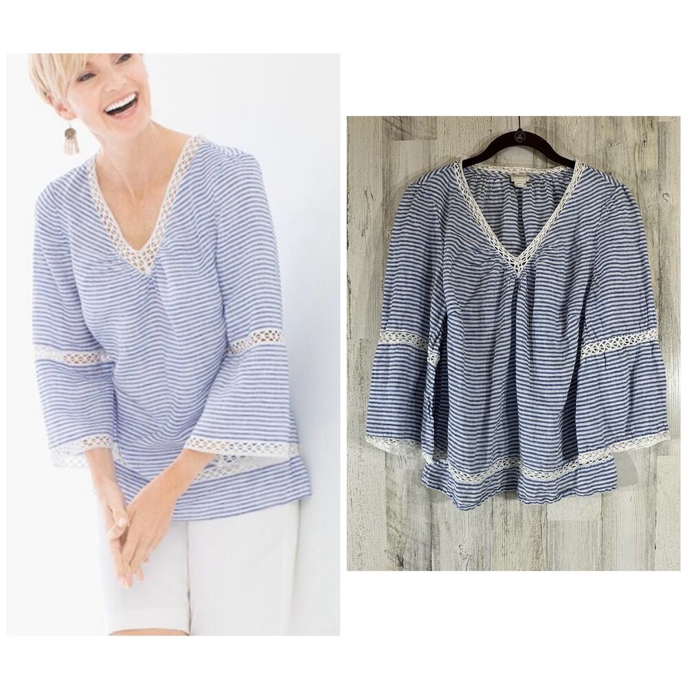 Chicos Linen Tunic‎ Size 1 or Medium Blue White Stripe Chambray Crochet VNeck